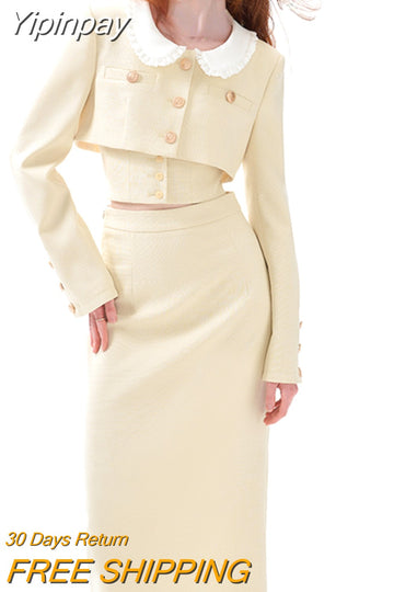 Yipinpay Autumn 3 Piece Dress Set Solid Korean Suit Slim Strap Vest + Long Sleeve Crop Tops + Casual Elegant Midi Skirt Woman Chic